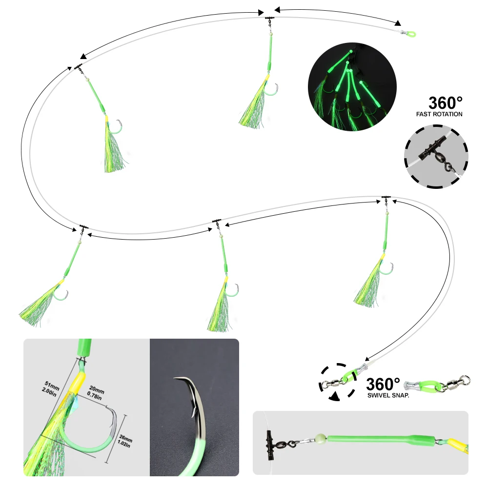 ZYZ 1 pieza de aparejos de caída profunda con 5 anzuelos circulares luminosos, aparejos de cebo de pesca para barcos de agua salada, Ideal para atún, bacalao, Redfish Marlin - imagen 4