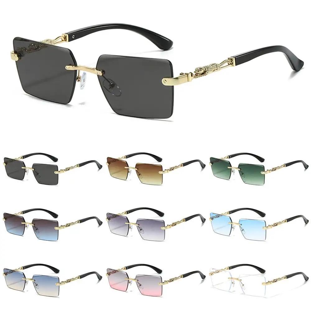 Gafas de sol cuadradas sin montura para hombre y mujer, lentes con borde cortado, UV400, sombras decorativas de leopardo, lentes degradadas