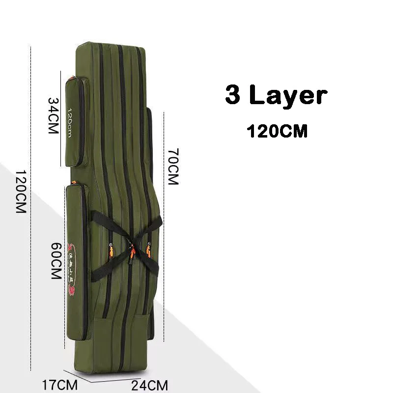 Esta bolsa de aparejo de pesca de 3 capas mide 120 cm de longitud de 24 cm de ancho y 17 cm de altura, diseñada para almacenamiento y transporte eficientes.