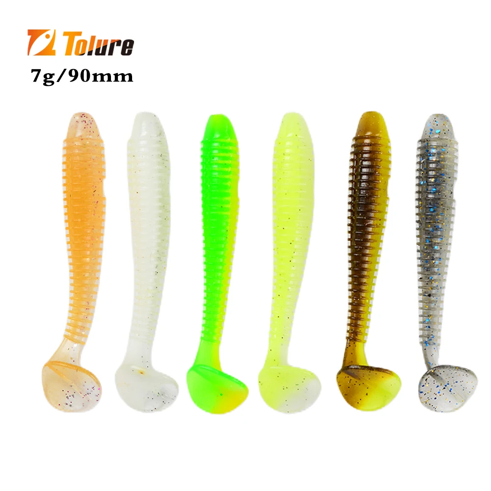 TOLU-señuelo de Pesca suave t-tail, cebo de silicona, 6 colores, 90mm, 7g, 6 unids/lote por paquete - imagen 2