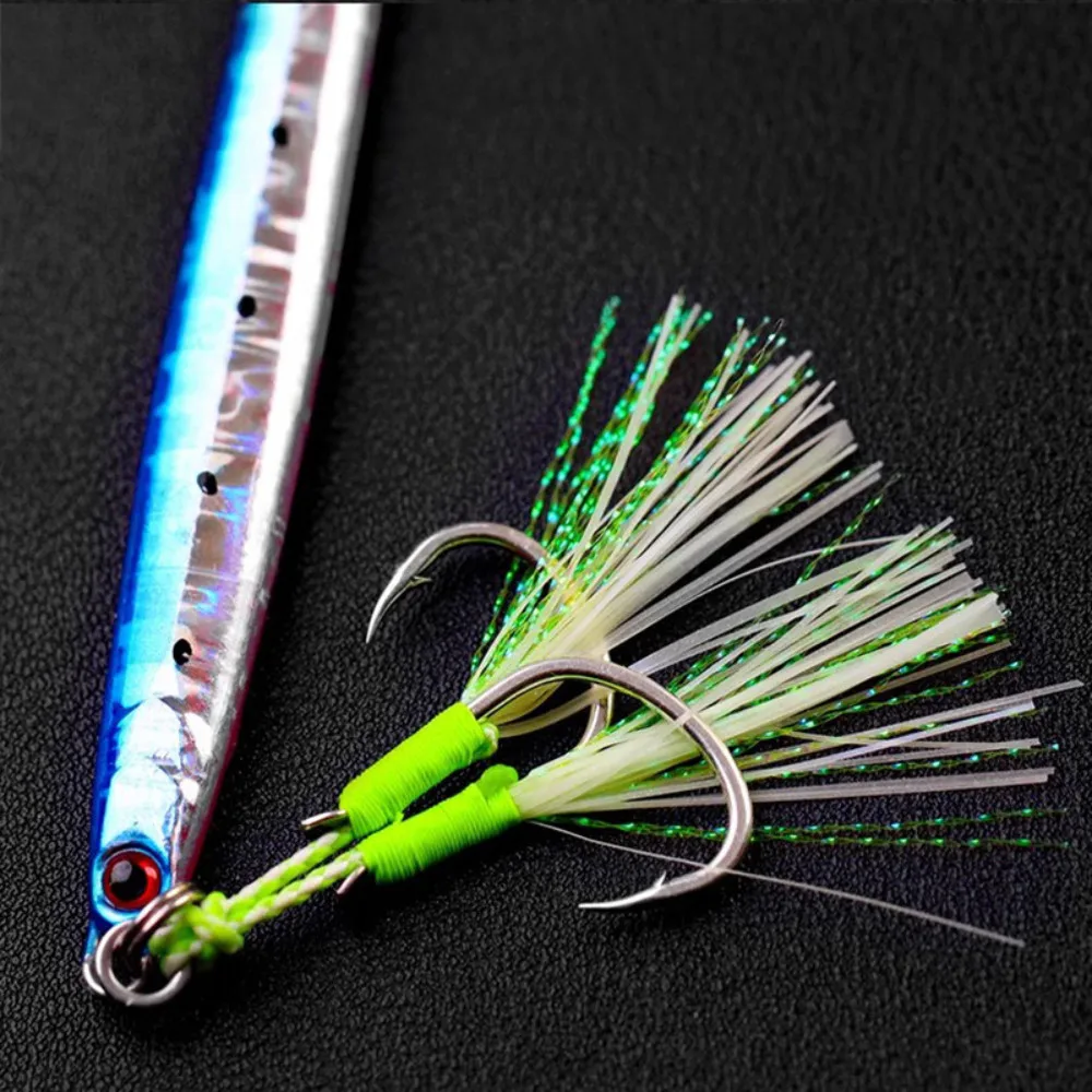 1 Uds anzuelo de pesca luminoso 1/0-4/0 anzuelo de asistencia plantilla señuelo UV doble gancho lento rápido doble par Jigging Fish jig anzuelos de asistencia - imagen 5