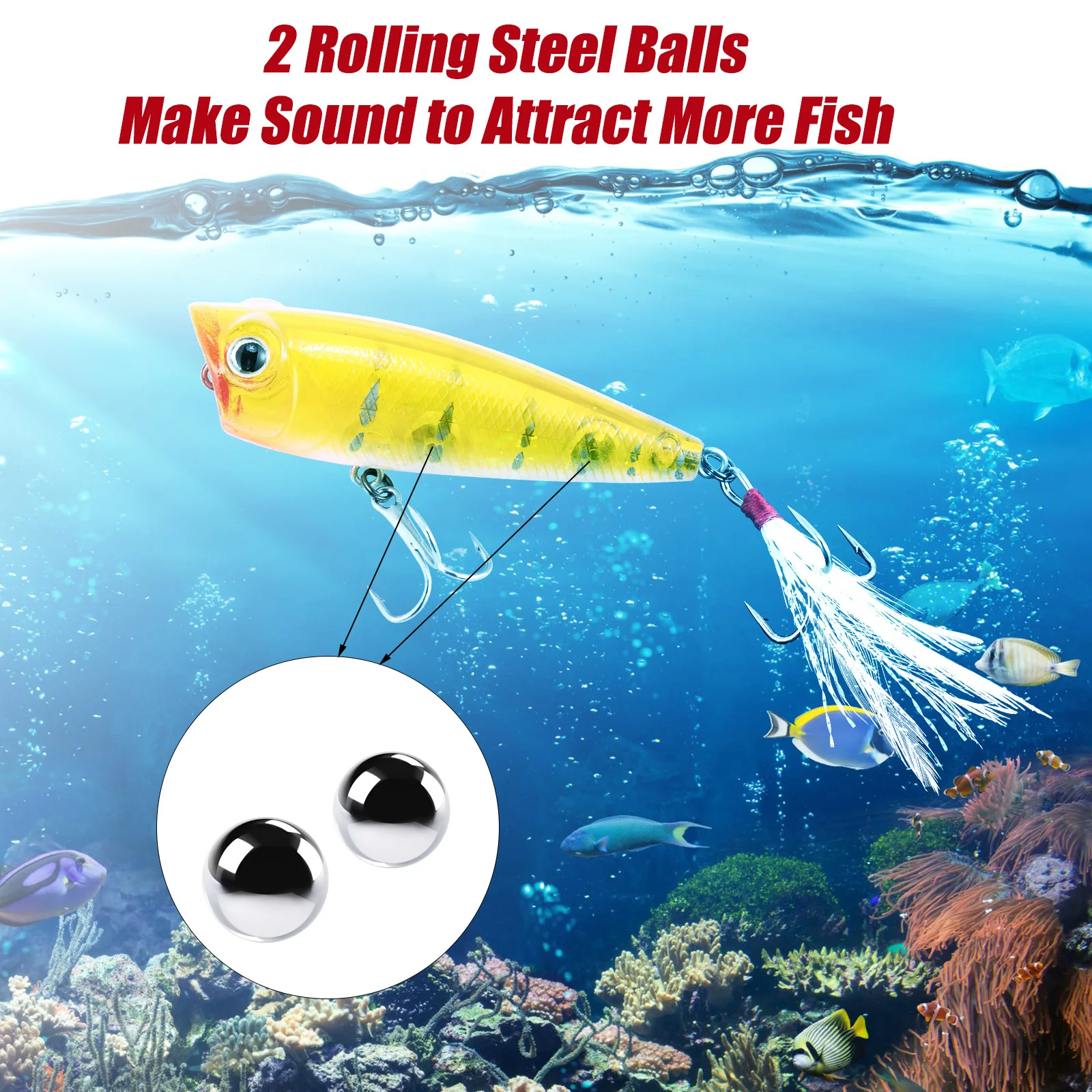Señuelo Popper Topwater Bass – Anzuelos triples con plumas cola de gallo - imagen 5
