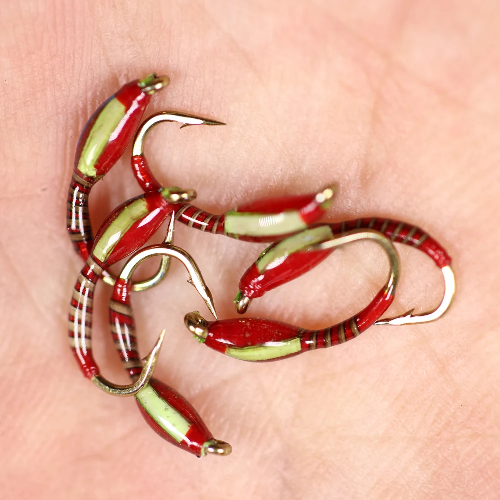 6 piezas # 10 # 12 # 14 # 16 Herl de pavo real acanalado Color rojo cuerpo recubierto de rasín azul Flash espalda amarillo mejilla Buzzers ninfa moscas de pesca - imagen 4