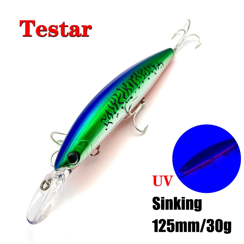 Testar-cebo de pececillo hundido, 125mm, 30g, señuelo de pesca de agua salada, cebo de natación UV pesado, Wobblers artificiales costeros de fundición larga, cebo duro - imagen 2