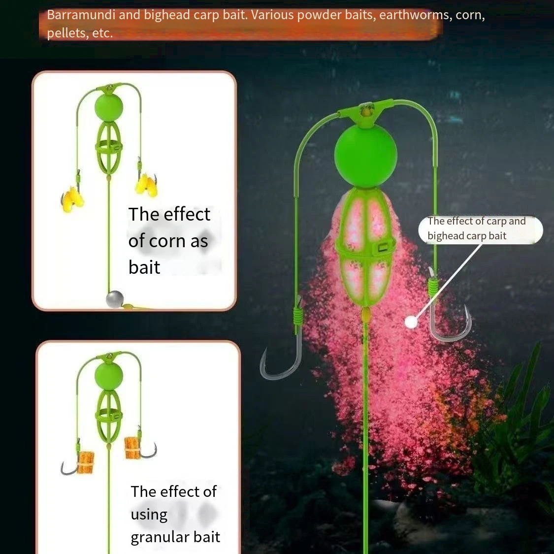 1 Juego de sedal de pesca de carpa mejorado con anzuelos dobles, jaula para cebo, flotador, sedal de pesca de plástico de alto índice verde, 2 anzuelos, herramientas de pesca - imagen 2