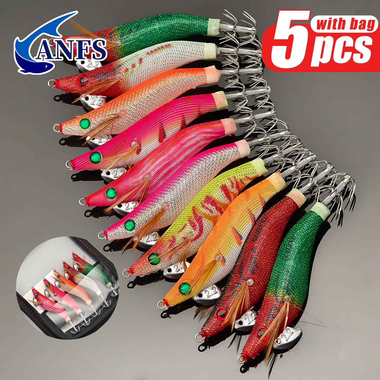 ANFS 5 plantillas de calamar con bolsa de almacenamiento: cebo luminoso con anzuelo de calamar para pesca en el mar, increíble regalo de pesca para pescador