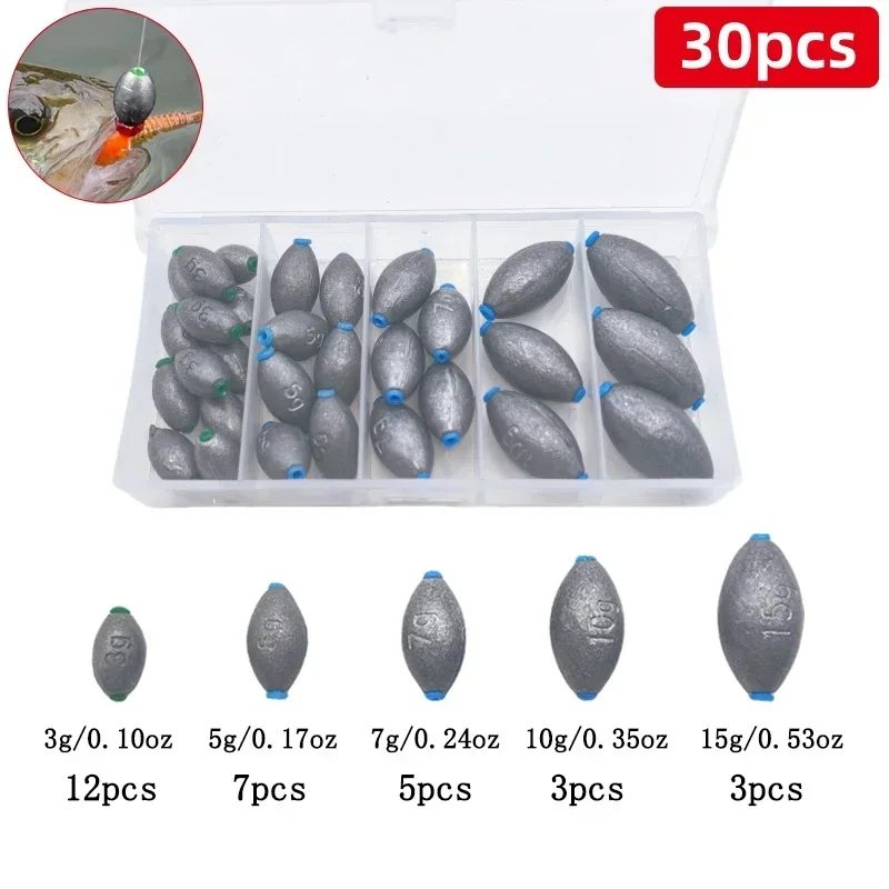 Juego de 30/10 plomos para huevos con caja de almacenamiento, plomos ovalados, aptos para agua salada y agua dulce - imagen 2