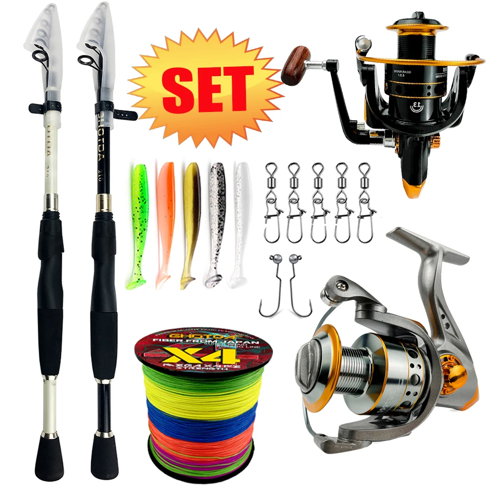 Juego de cañas de pescar, carrete giratorio telescópico de arrastre máximo de 1,6 m-2,4 m, 2,5 kg, relación de engranaje 5,2: 1, accesorios para lubina