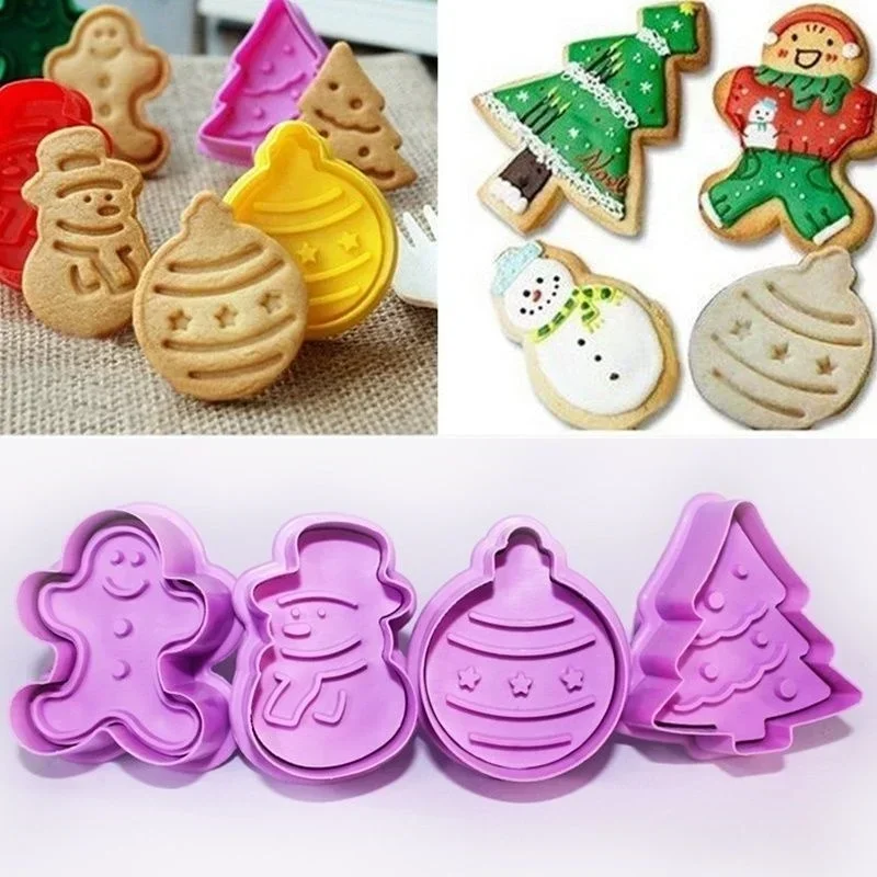 4 unids/set herramienta de molde para galletas y Fondant, cortador de galletas de silicona para hornear, accesorios de molde para Navidad, herramientas de cocina para hornear
