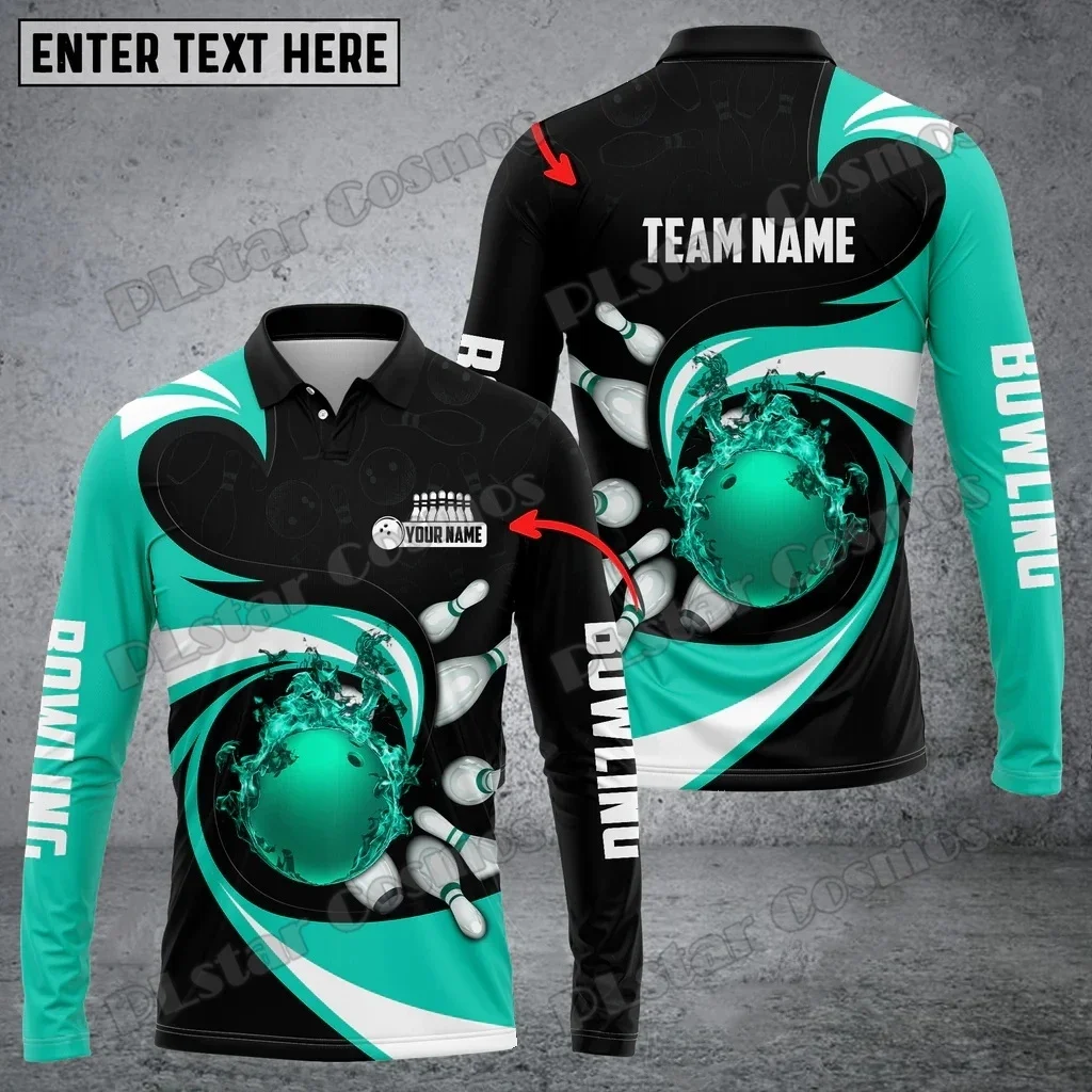 Polo de manga larga para hombre con estampado 3D de bola de bolos y pines, diseño de vórtice, nombre personalizado, Polo Unisex informal de otoño PLP81 - imagen 3