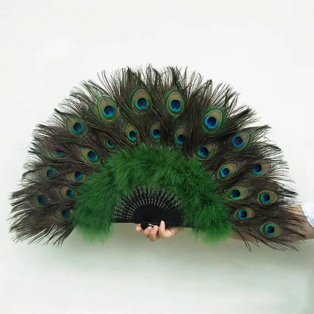 Abanico grande de plumas pavo real para danza y espectáculos