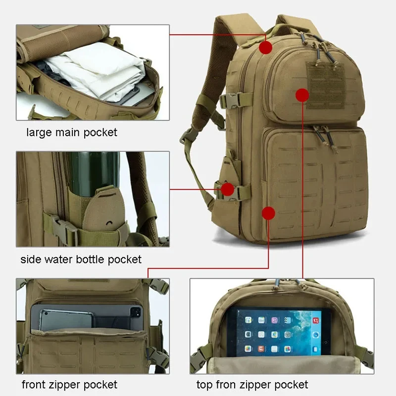 Mochila táctica de pesca de 45L, bolsa de viaje Molle para ordenador portátil, adiestramiento al aire libre, senderismo, escalada, mochila grande para deportes y caza - imagen 4