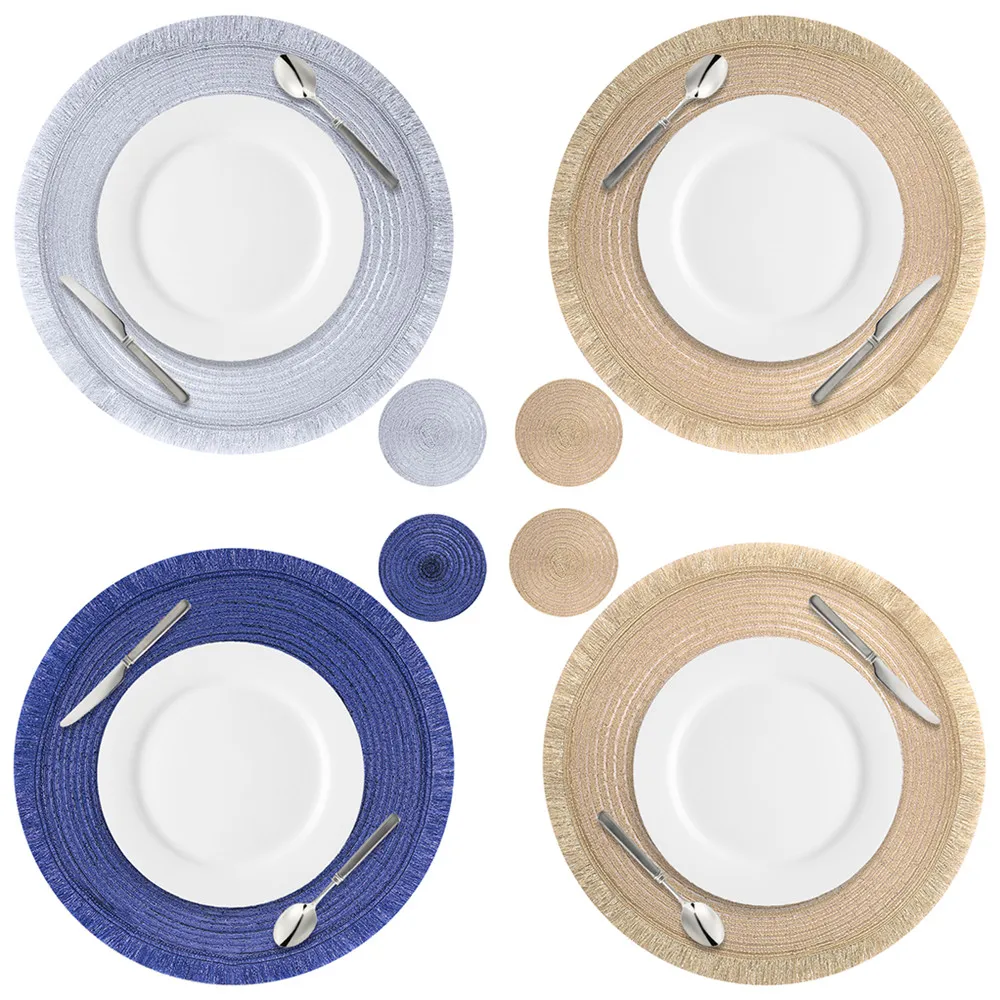 Juego de 4/12 manteles individuales redondos tejidos con mascotas, manteles individuales bohemios con borlas, manteles antideslizantes resistentes al calor para el hogar, boda, cocina - imagen 5