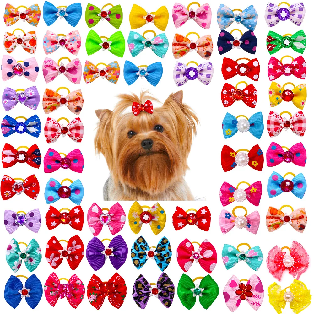10 unids/set de bonitos lazos para perros, accesorios para el cabello con bolas, patrones mixtos de aseo con bandas de goma, gorros para perros, suministros para mascotas