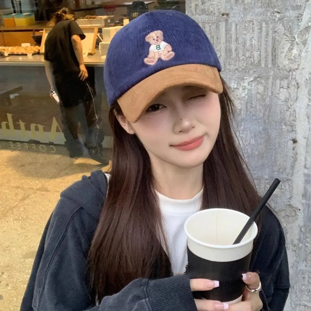 Gorra de béisbol con oso bordado informal, sombrilla de viaje de ala ancha transpirable, sombrero de pana ajustable para deportes al aire libre - imagen 4