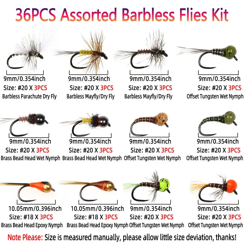 Kit de moscas de 36 Uds., paracaídas sin púas, mosca seca, cabeza de cuentas de mayfly, cabeza de cuentas de tungsteno compensada de ninfa húmeda, moscas de trucha de ninfa húmeda # 18 # 20 - imagen 3