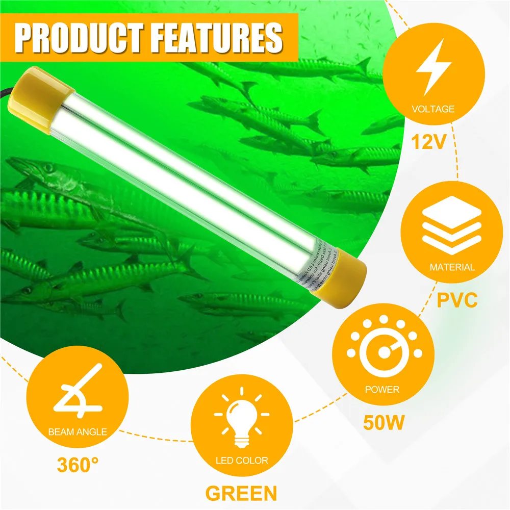 Luz LED verde sumergible para pesca submarina, 50W, Crappie Shad, barco, lámpara buscador de pesca nocturna, luz de caída profunda, Cable de 5M - imagen 4