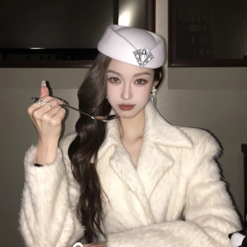 Nuevo Sombrero de copa con diamantes de imitación, pastillero Vintage francés de lana de Cachemira, sombrero informal, vestido de fiesta - imagen 5