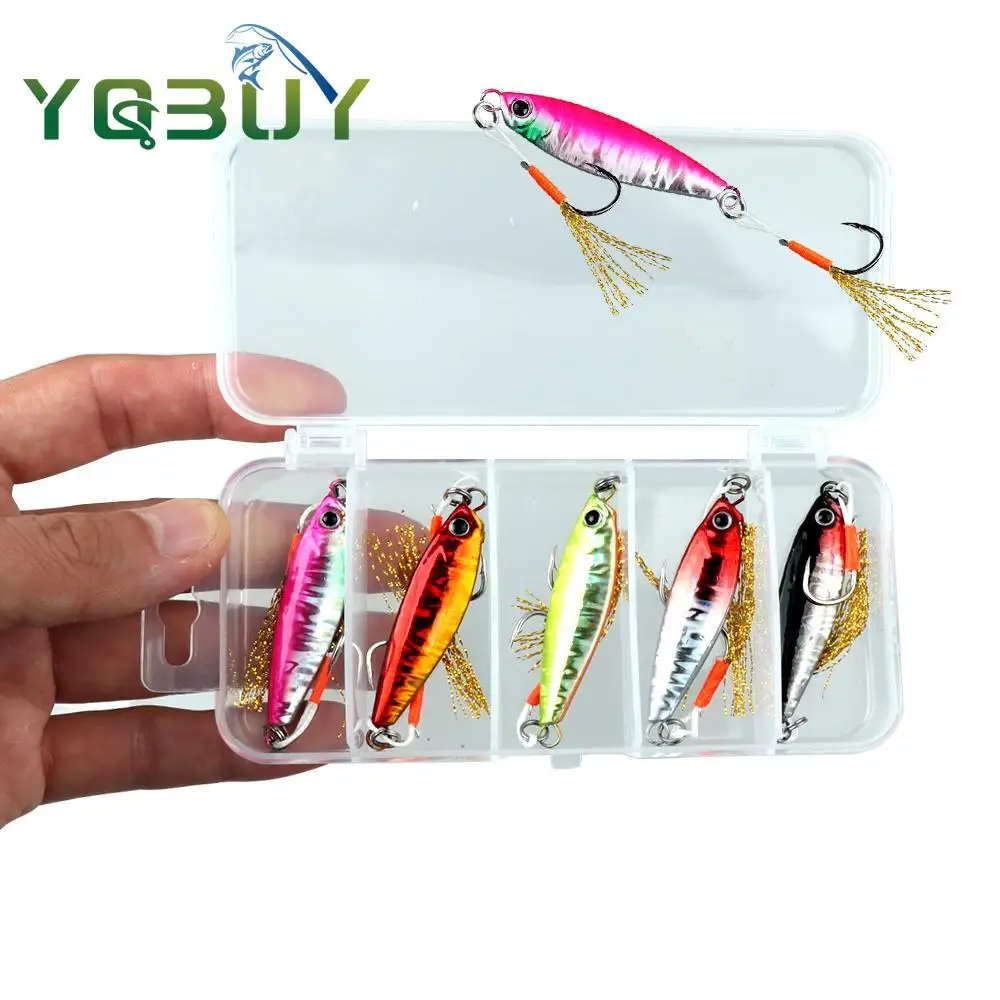 Caja de 5 uds. De señuelo de pesca, anzuelo de Metal de 7g/10g/15g/20g, cebo giratorio de pesca, cuchara de Jigging de Metal láser, señuelo de pesca