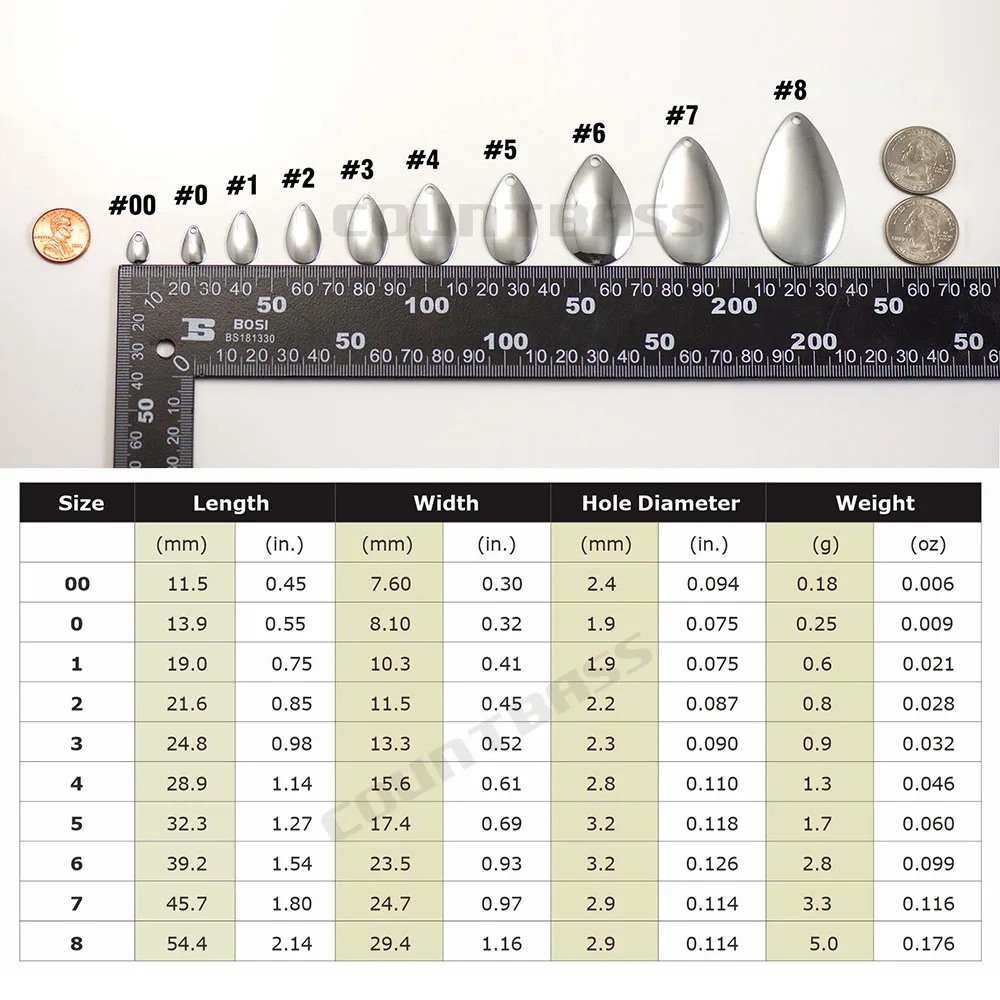COUNTBASS 50 Uds. Tamaño 00-8 hojas giratorias Indiana patrón liso acabado en níquel y oro, hilanderos DIY aparejos de pesca dorados - imagen 2