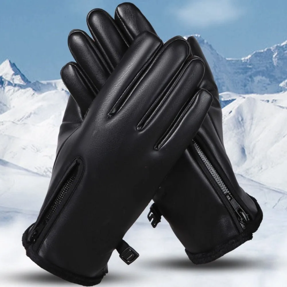 Guantes cálidos de cuero PU para hombre, guantes de invierno con cremallera, guantes de pesca, antideslizantes, resistentes al desgaste, guantes deportivos para pantalla táctil - imagen 4