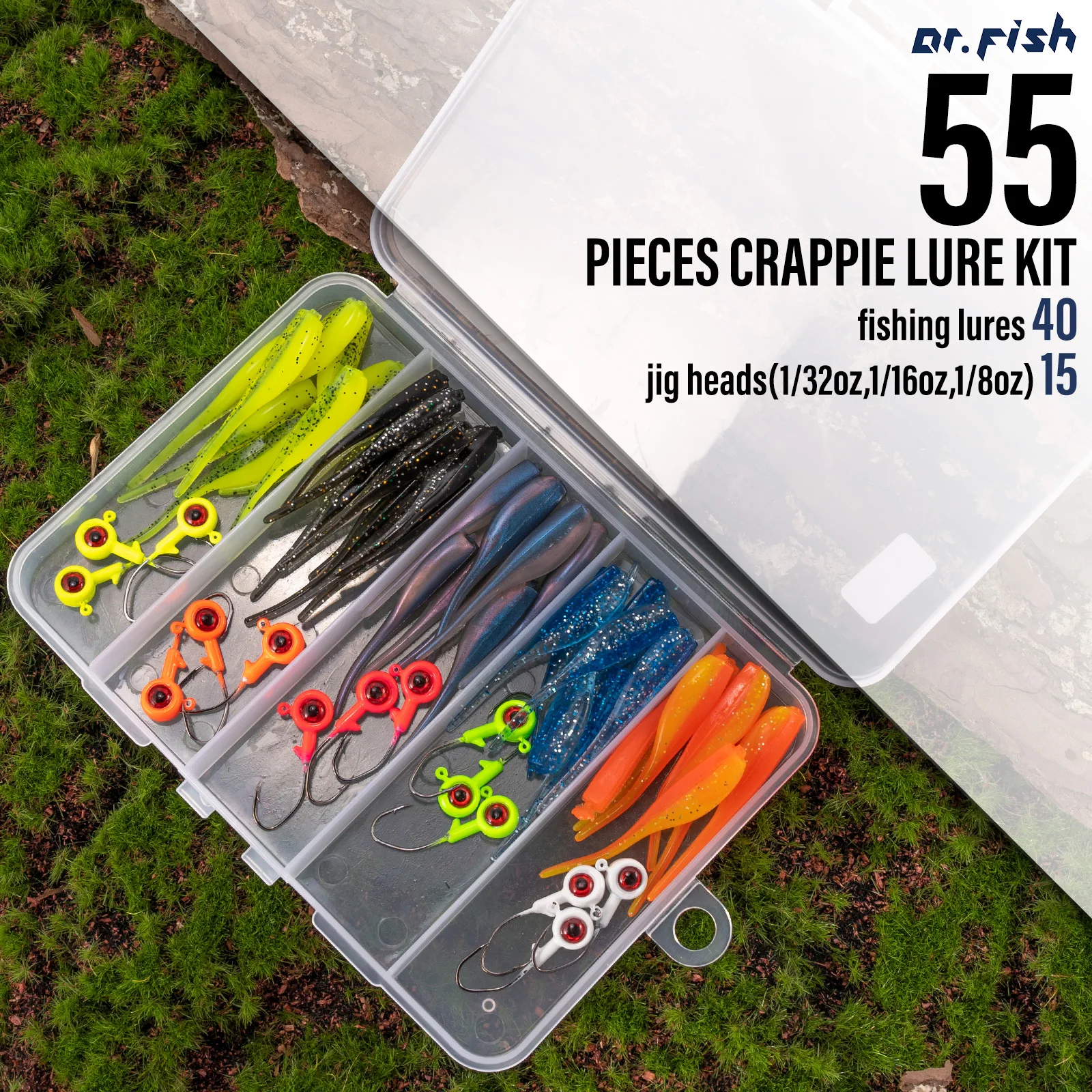 Kit de señuelos Crappie de 55 piezas, anzuelo de cabeza de plantilla, señuelo de plástico suave, cebo de gusano Grub, lubina, pez de mar, plantilla de pesca con caja de aparejos, trucha - imagen 5