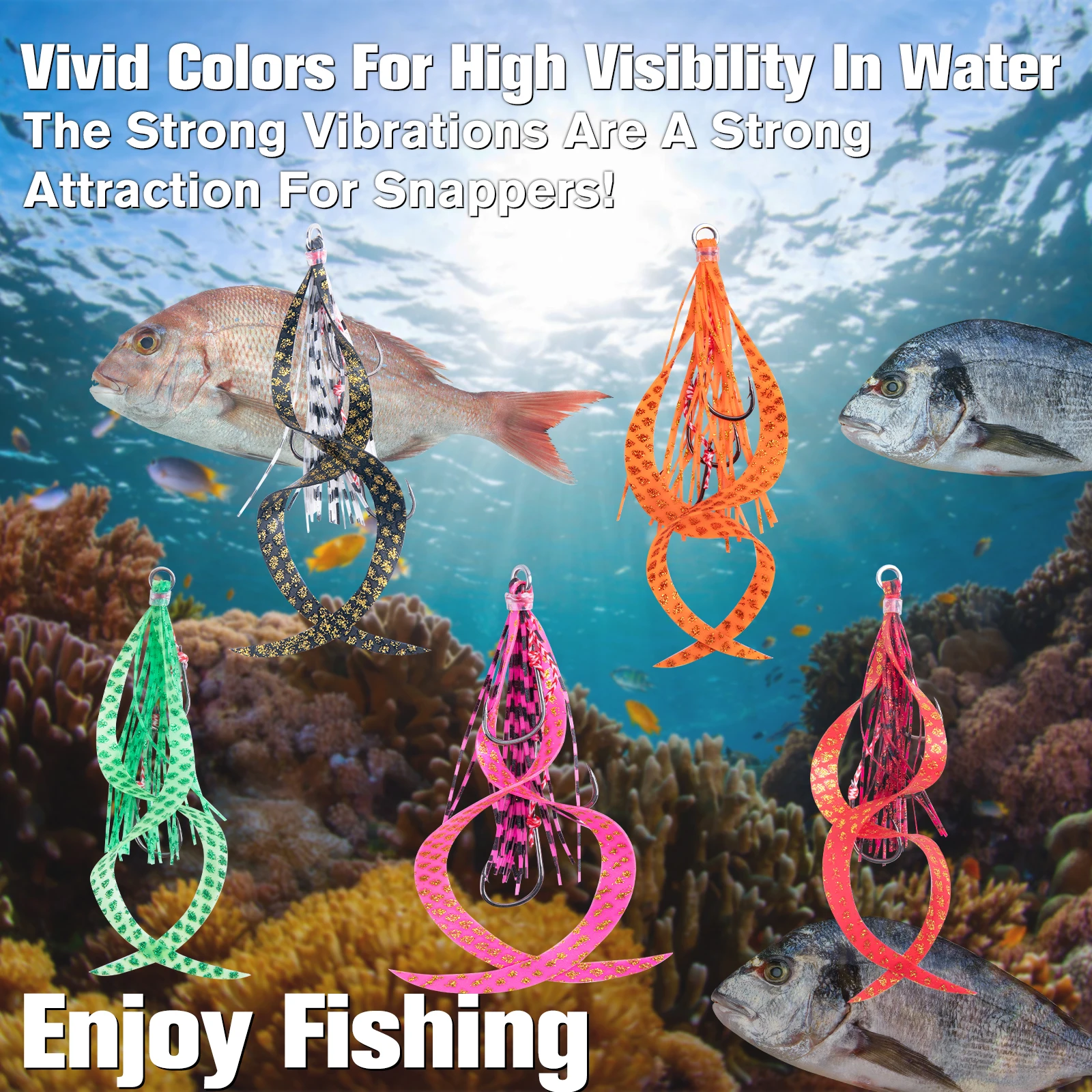 Goture 5/10 Uds faldas de goma de silicona para pesca en agua salada 13 #   Cebo con 3 anzuelos asistidos para accesorios de pesca con señuelo Jig, 5 colores