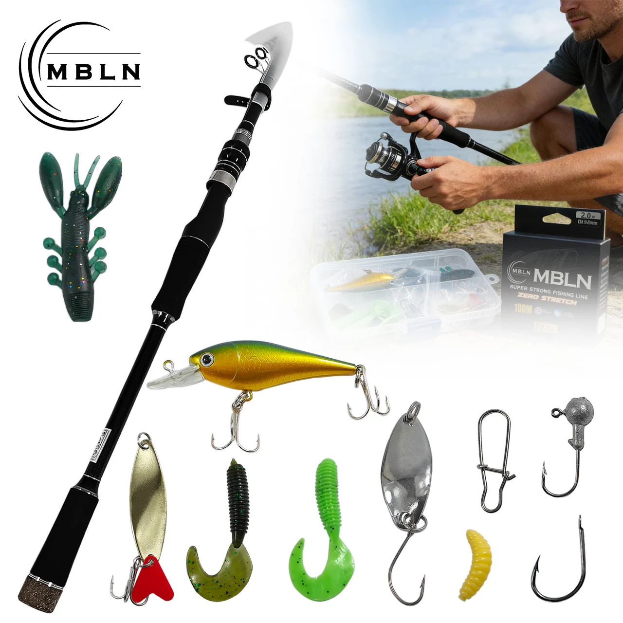 Kit Caña Telescópica MBLN con Carrete, Señuelos y Anzuelos para Viaje