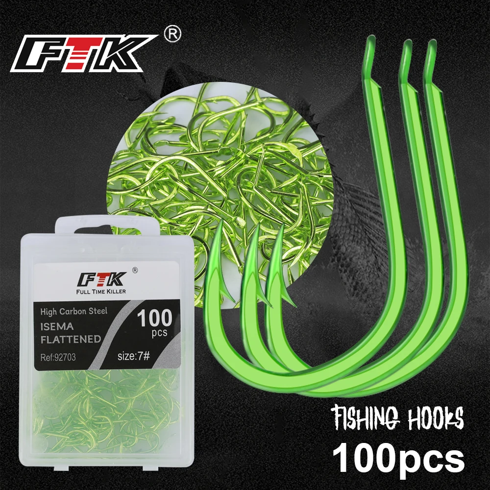 FTK 1/0-1 # 50 piezas 2-13 # 100 Uds ISEAMA anzuelos de pesca verdes de acero rico en carbono de Japón anzuelo de púas accesorios de pesca de carpa - imagen 2