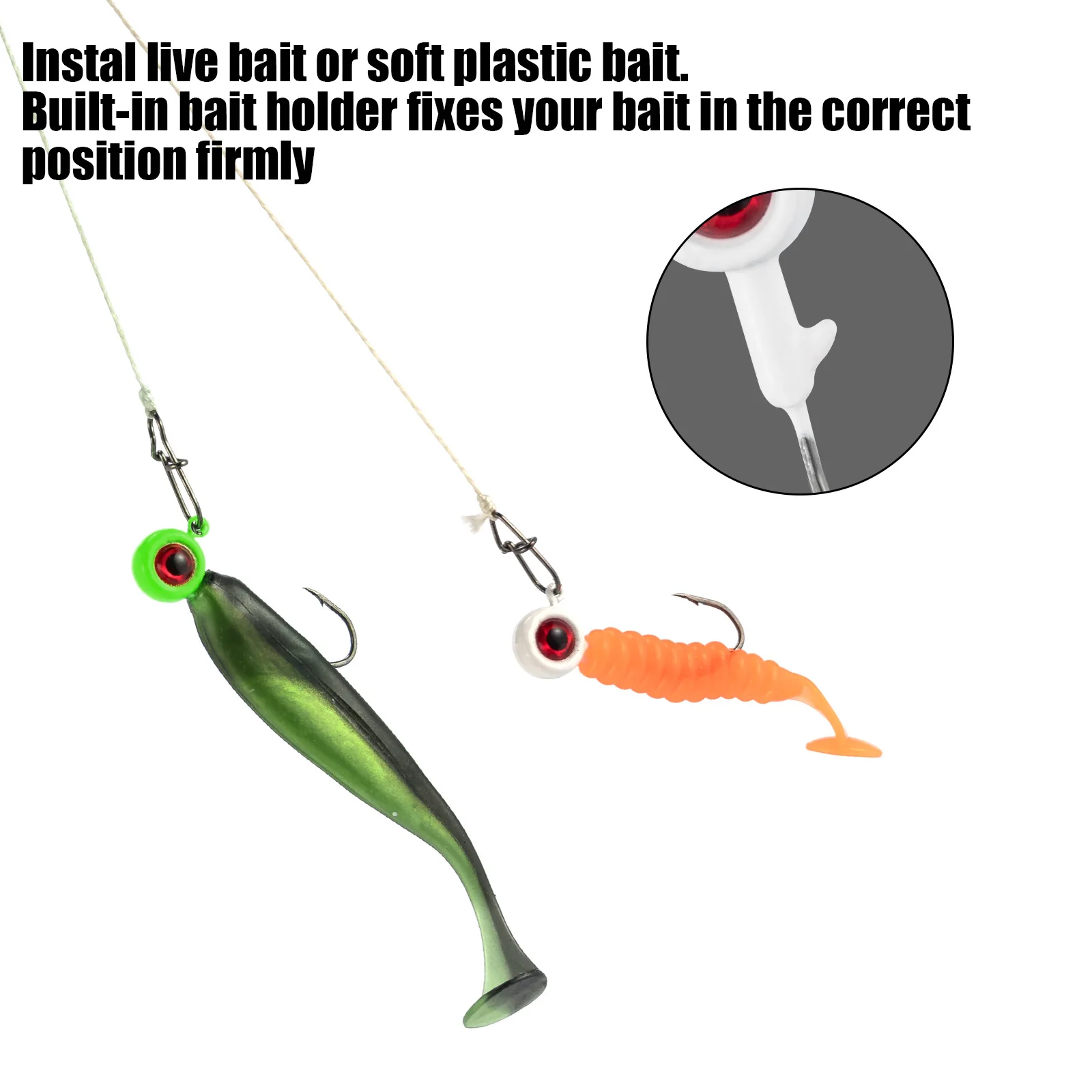 Anzuelo de pesca con cabeza de anzuelo, 5 uds., ojo 3D, 0,85g, 1,7g, 3,4g, anzuelo tipo bala para cebo vivo, gusano, señuelo suave, lubina, trucha, agua dulce - imagen 5