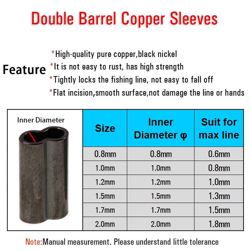 ICERIO-Manguitos de crimpado de doble barril de cobre, 100 piezas, para línea líder de pesca de monofilamento (ID de 0,8mm-2,0mm), aparejo de alambre