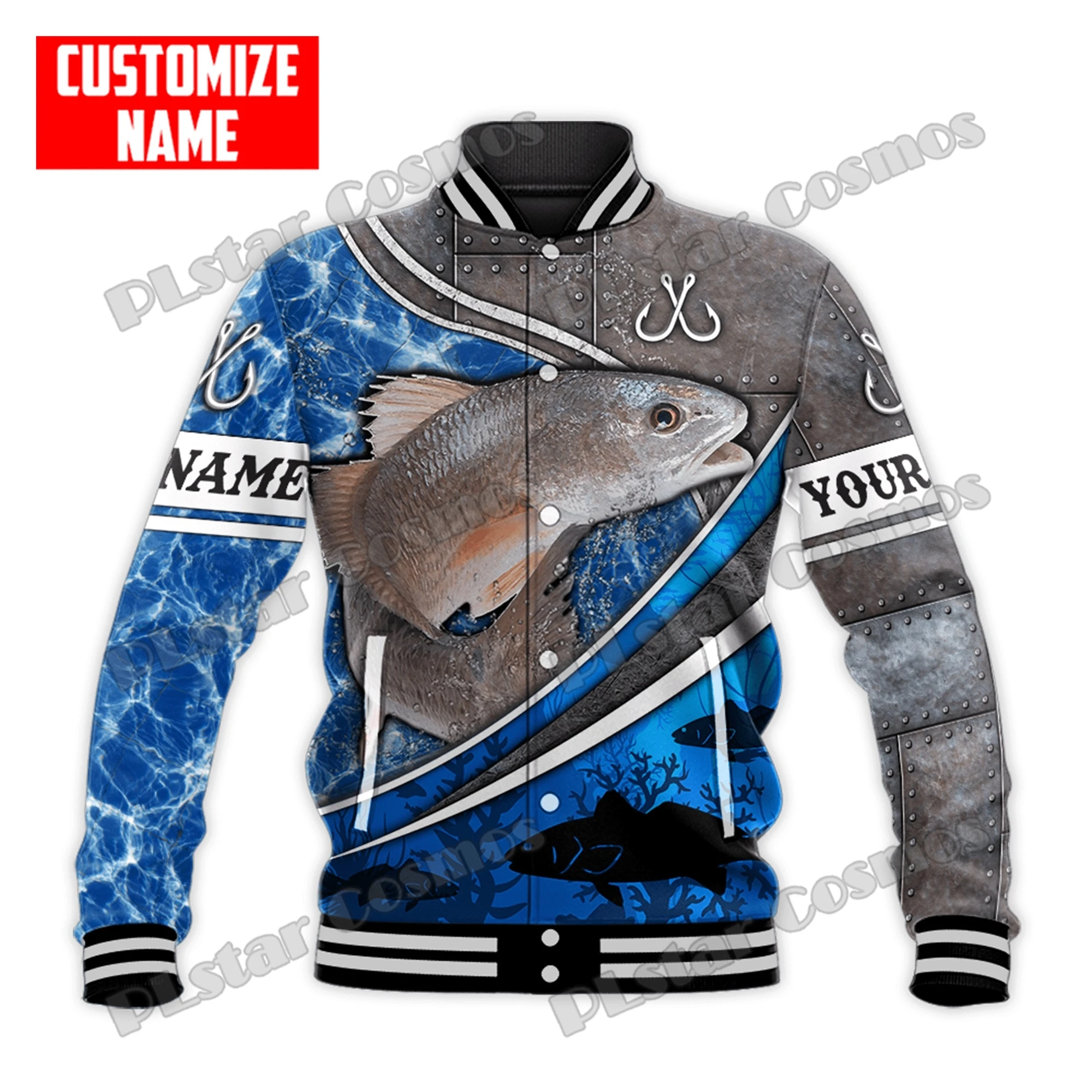 Chaqueta de béisbol con nombre personalizado para hombre y mujer, cazadora con estampado 3D de trucha y atún, a presión, informal, cálida, de invierno, FX21 - imagen 3