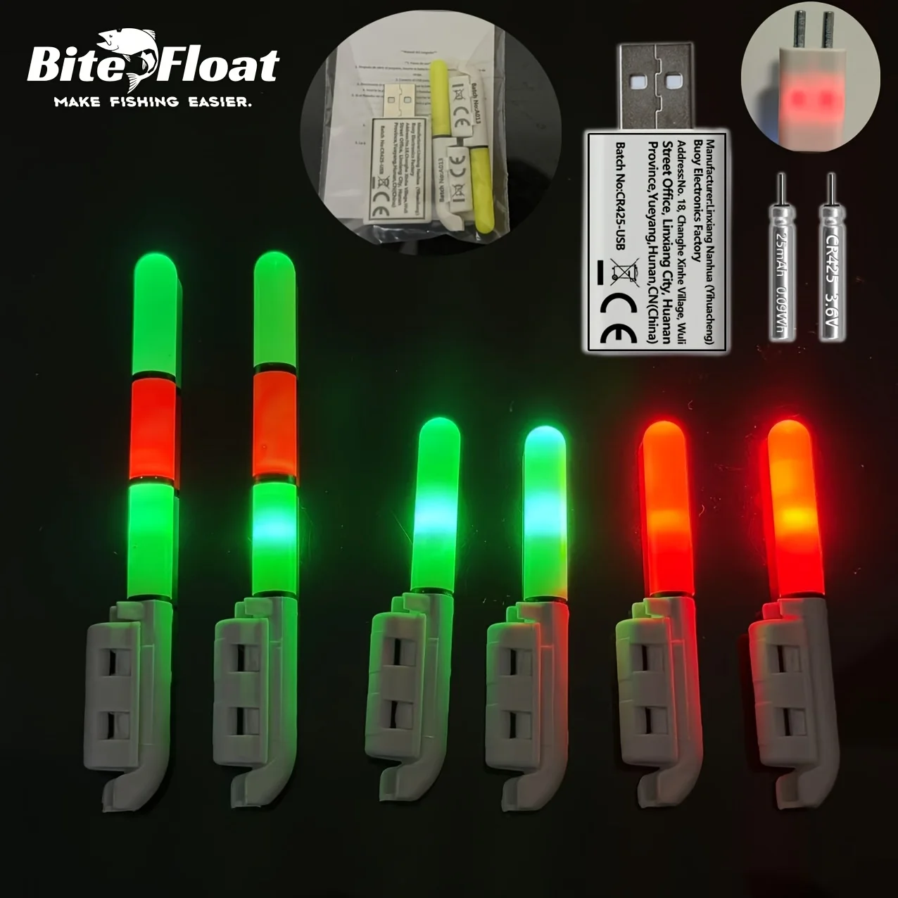 Bite Float luces para cañas recargables USB con baterías CR425