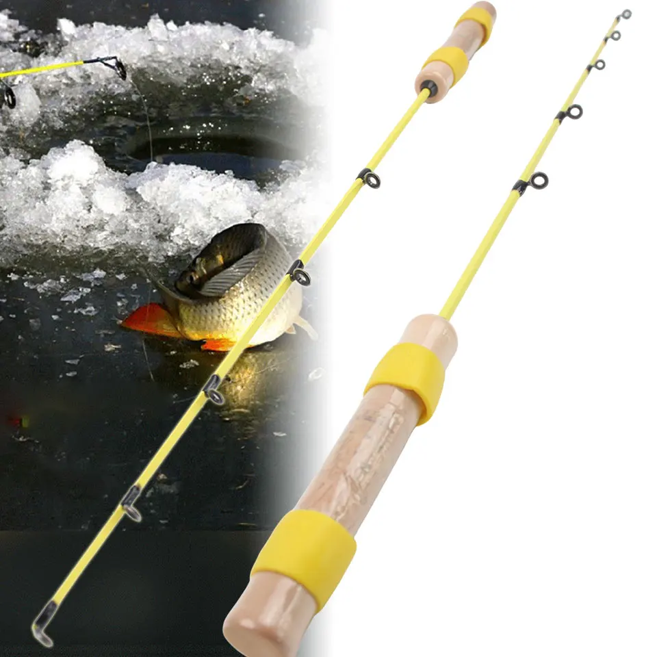 Caña de pescar en hielo amarilla portátil, fibra de carbono de 55 cm con mango similar a la madera y punta sensible, control preciso para lagos congelados - imagen 2