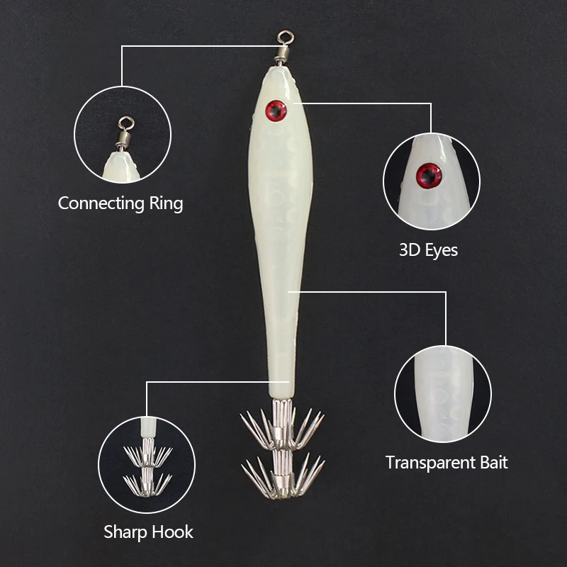 Señuelos de pesca luminosos transparentes, cebo artificial, anzuelo de calamar, Mar - imagen 4