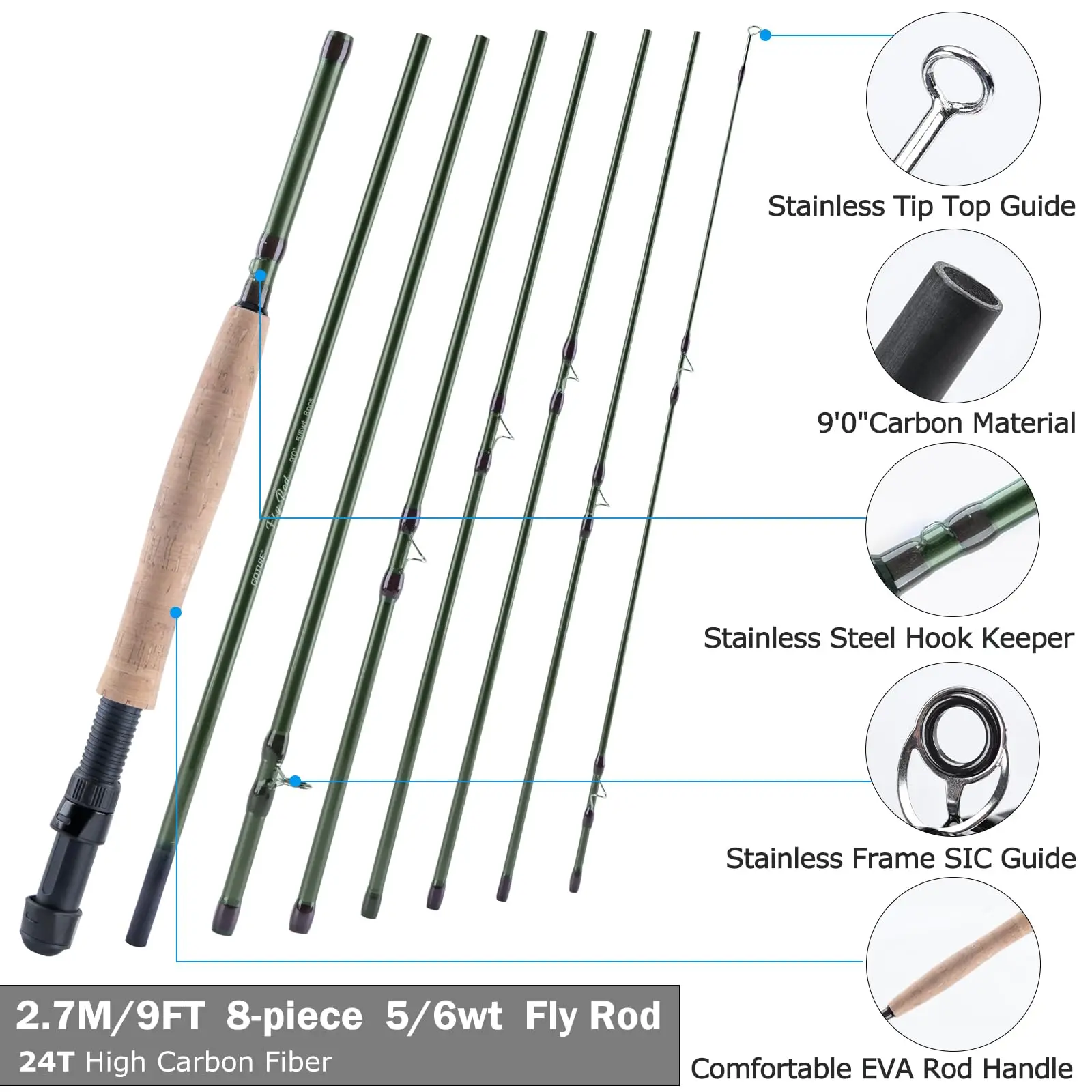 Goture # Caña de pescar con mosca de viaje 5/6, 2,7 M, caña multinodal de acción media rápida, mango de corcho y carbono, aparejos de pesca ultraligeros - imagen 3