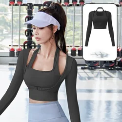 Camisas de Yoga de manga larga para mujer, jersey con cuello, camiseta ajustada para entrenamiento en el pecho, a prueba de golpes con almohadilla para sujetador, Top deportivo para niñas, ropa de Yoga