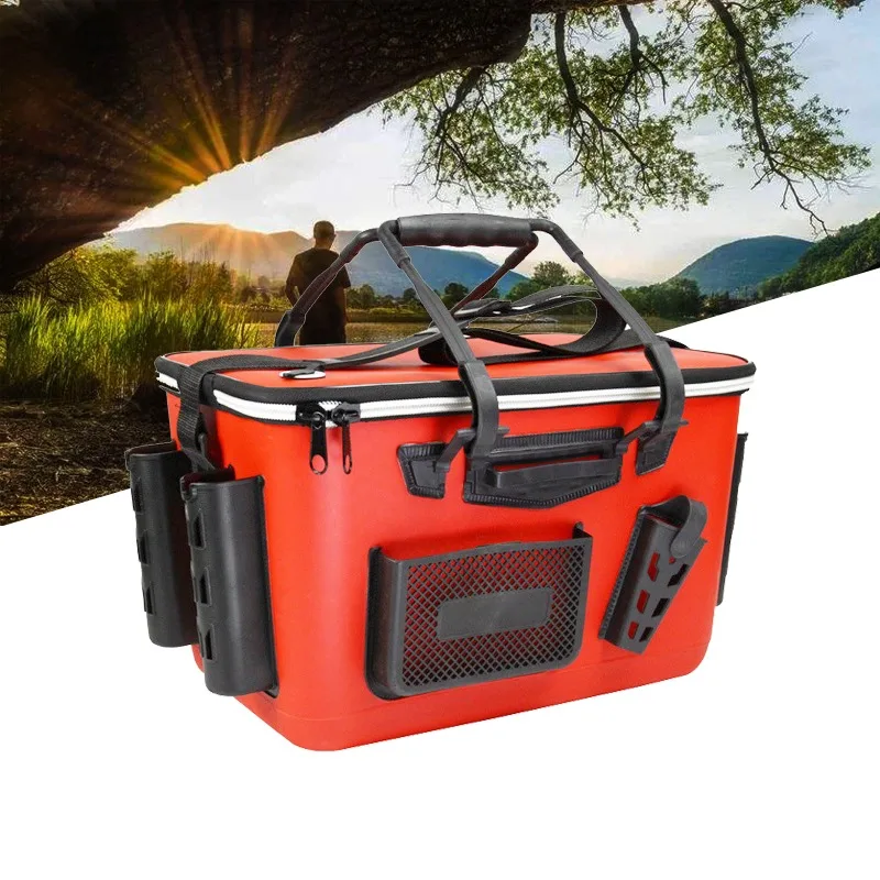 Almacenamiento de aparejos de gran capacidad, múltiples bolsillos con asa, bolsa de malla Eva, cierre de cremallera, correa de hombro portátil, caja de pesca viva - imagen 5