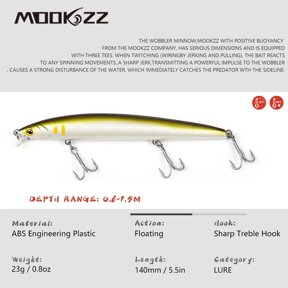 MOOKZZ-Señuelos de Pesca duros, cebos de calidad Minnow, Wobblers, buena acción, aparejos de pesca Artificiales Profesionales, 140mm, 23g - imagen 2