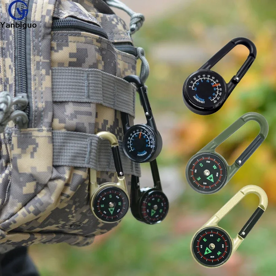 Mosquetón con termómetro de brújula 3 en 1, Mini Clip de mosquetón de brújula, llavero de supervivencia para senderismo al aire libre, doble cara, Metal - imagen 2