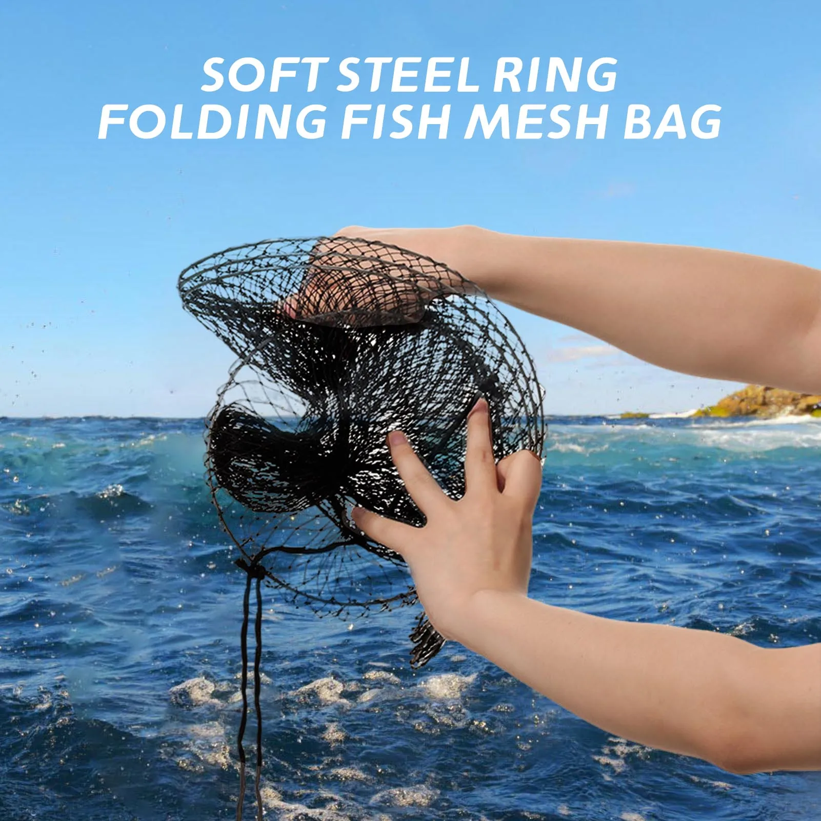 Red de pesca portátil plegable con aro de acero y bolsa tejida