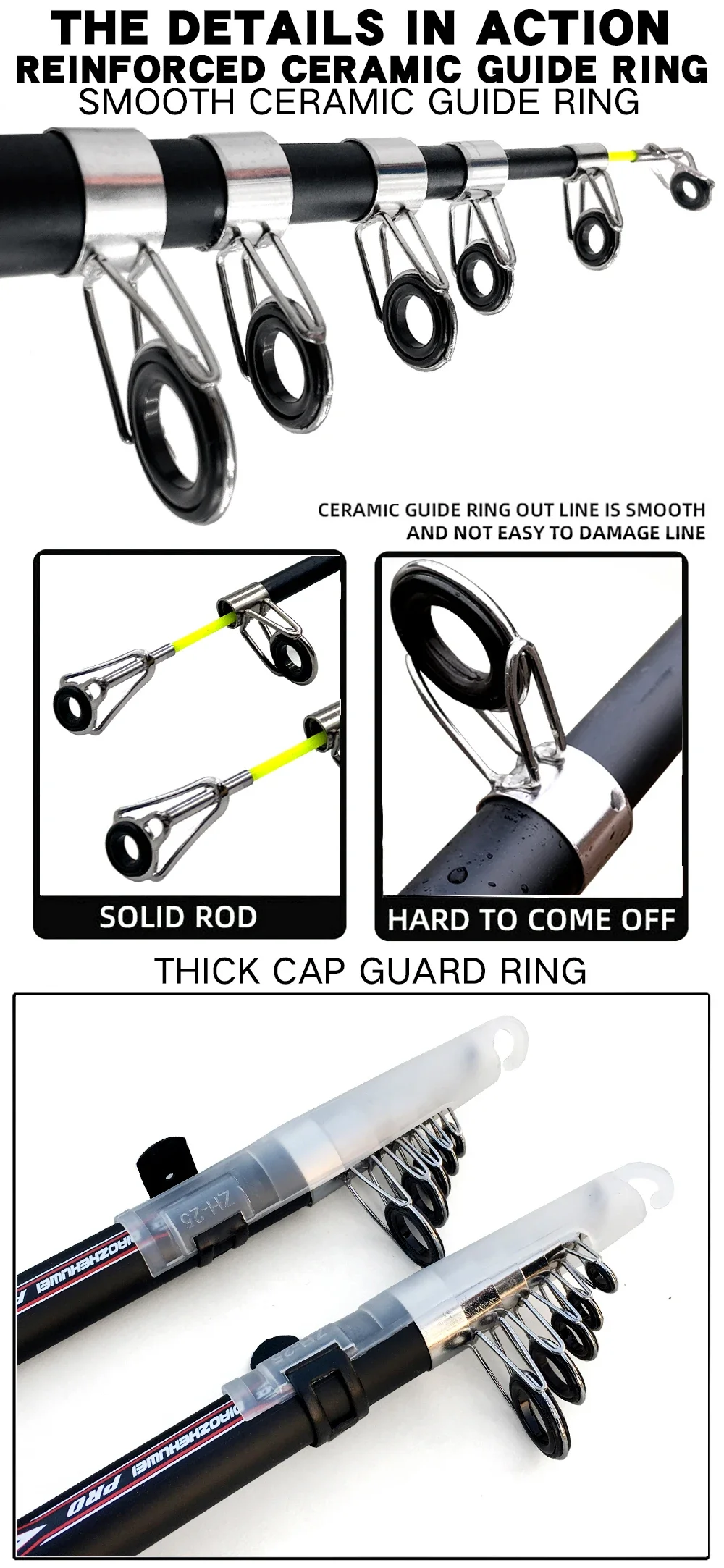 Experimente la pesca sin costura con nuestros anillos de guía de cerámica suave y duraderos y diseño de caña sólida