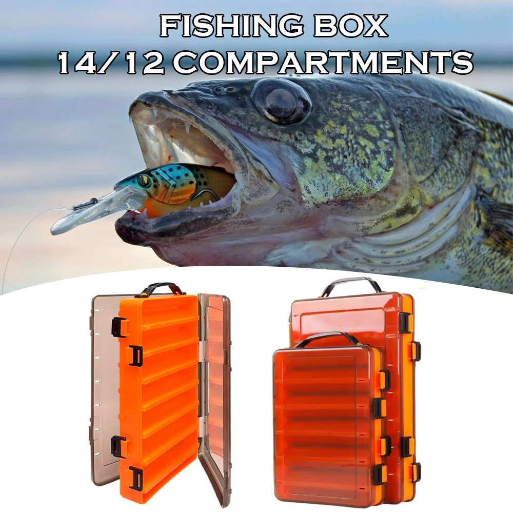 Caja de aparejos de pesca de doble cara, estuche de almacenamiento de 12/14 celdas, cebos falsos, anzuelos, accesorios de herramientas de pesca portátiles impermeables