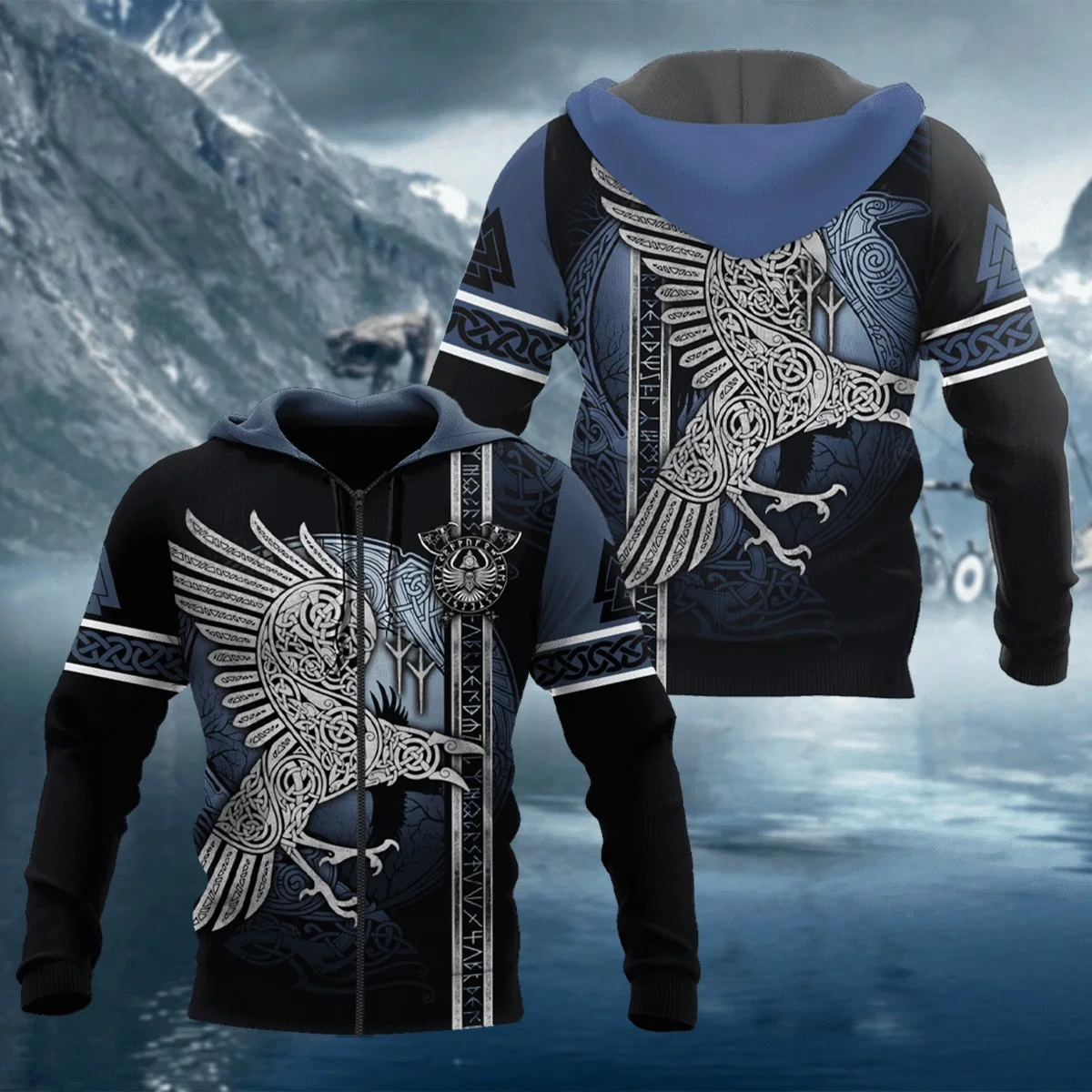 Odin mitología Cuervo tatuaje 3D completamente estampado moda hombres Sudadera con capucha y sudadera otoño Unisex Casual cremallera Sudadera con capucha QDY51 - imagen 3