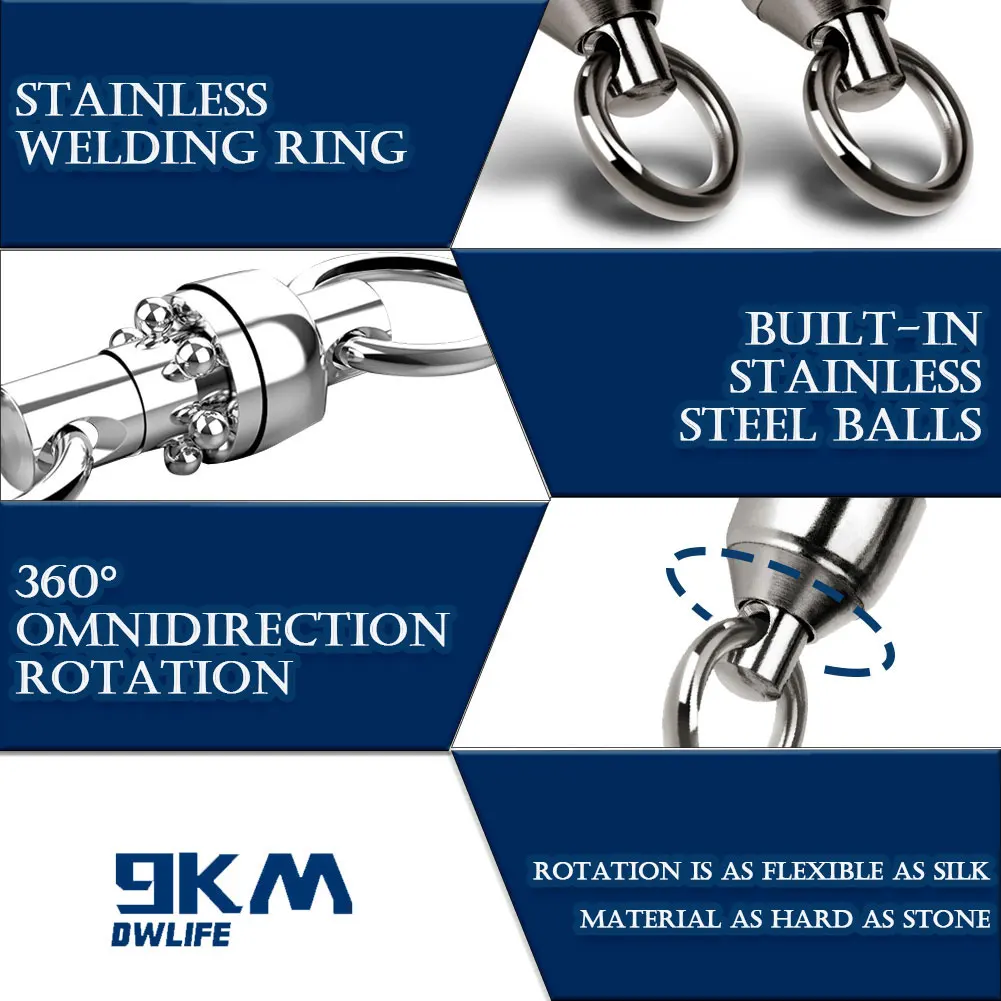 Paquete de 10 conectores de pesca giratorios de acero inoxidable con rodamiento de bolas de 9KM para curricán de alta resistencia para Jigging de paso lento - imagen 3