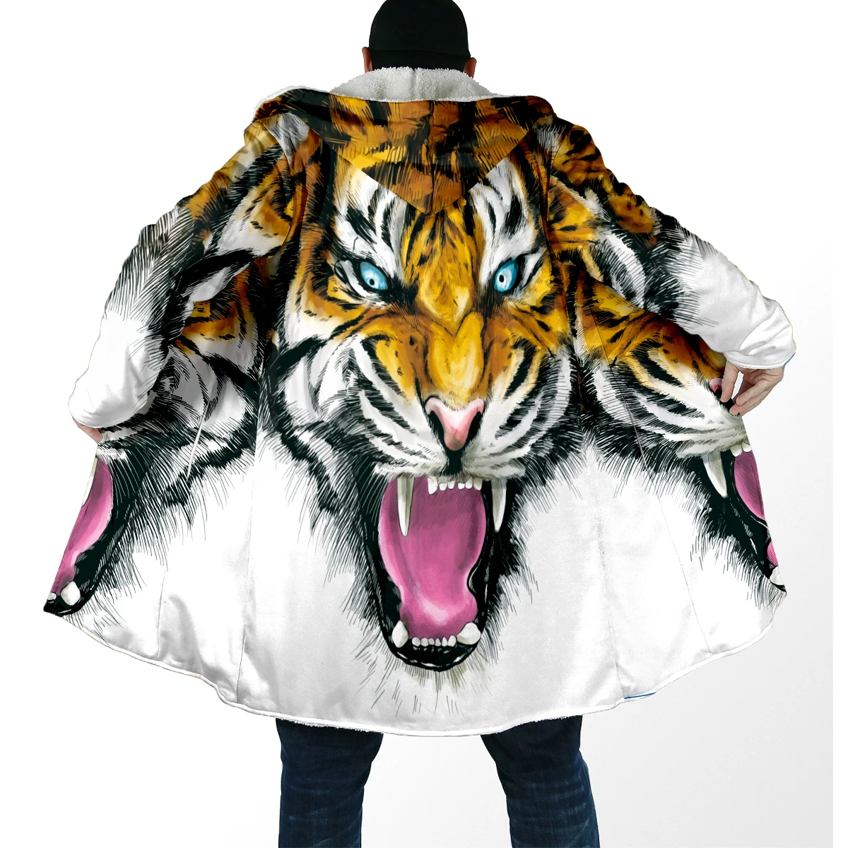 2025 capa de moda de invierno para hombre, capa con capucha de lana gruesa con estampado 3D de tigre Animal, capa cálida informal Unisex DP92 - imagen 4