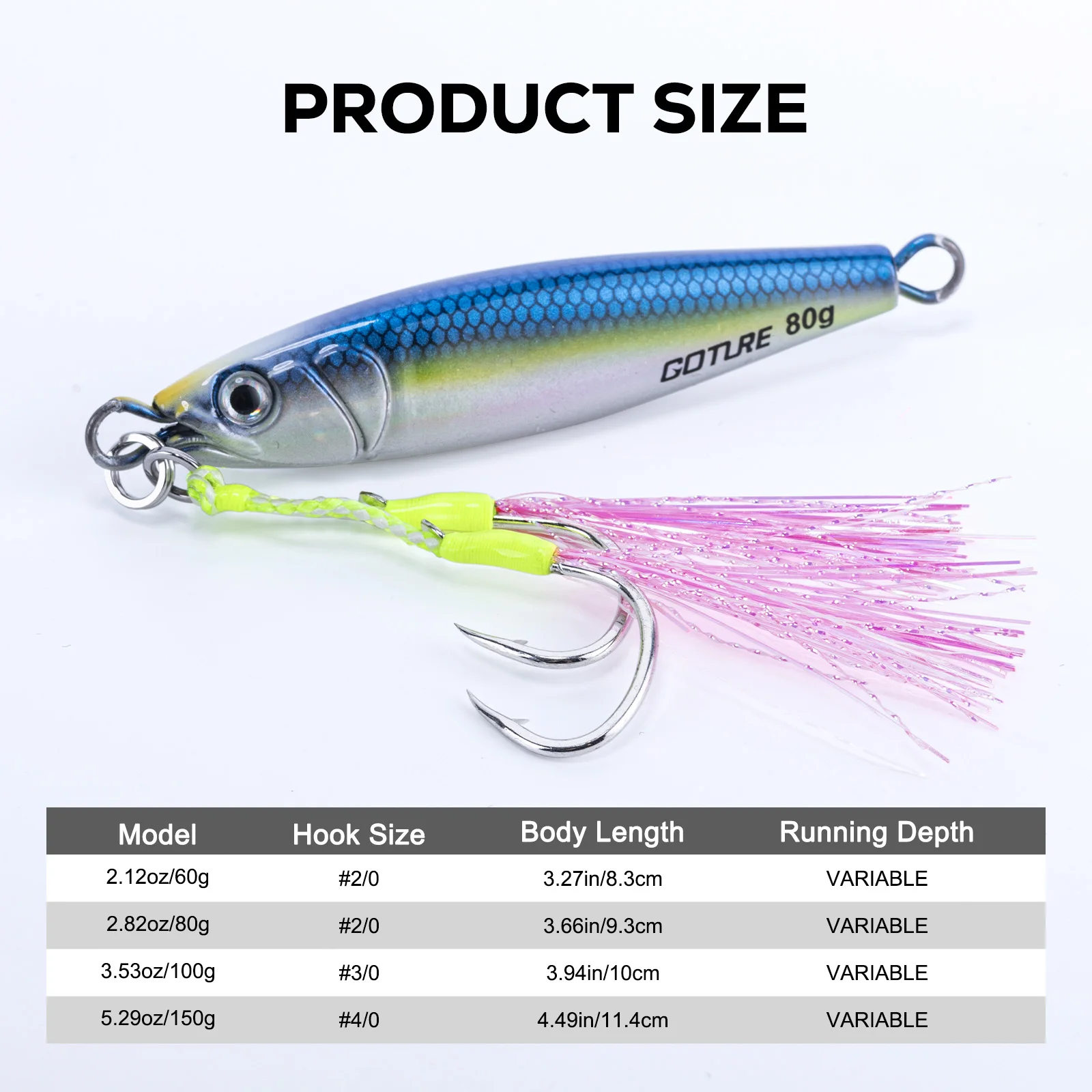 Goture Metal Jigging Lures 5pcs,60g/80g/100g/150g, 3D Lifelike Eyes Ultra-Sharp Hooks, Durable Glow in Dark Bionic Hard  Bait - imagen 3