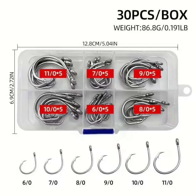 30 unids/caja 6/0 - 11/0 pesca en agua salada gancho circular de acero inoxidable anzuelo de cebo de juego grande para pesca de curricán de tiburones atún de aguas profundas - imagen 3