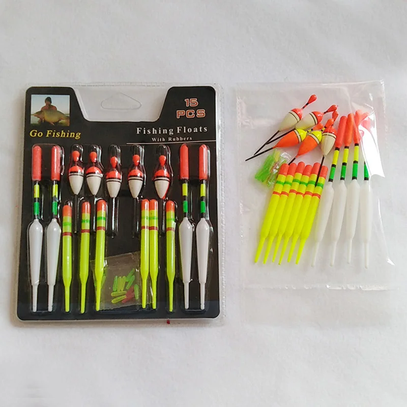 Boya Vertical de pesca marina, flotadores de tamaño surtido para la mayoría de tipos de pesca con gomas de fijación, Señuelos de Pesca, 15 piezas por juego - imagen 5