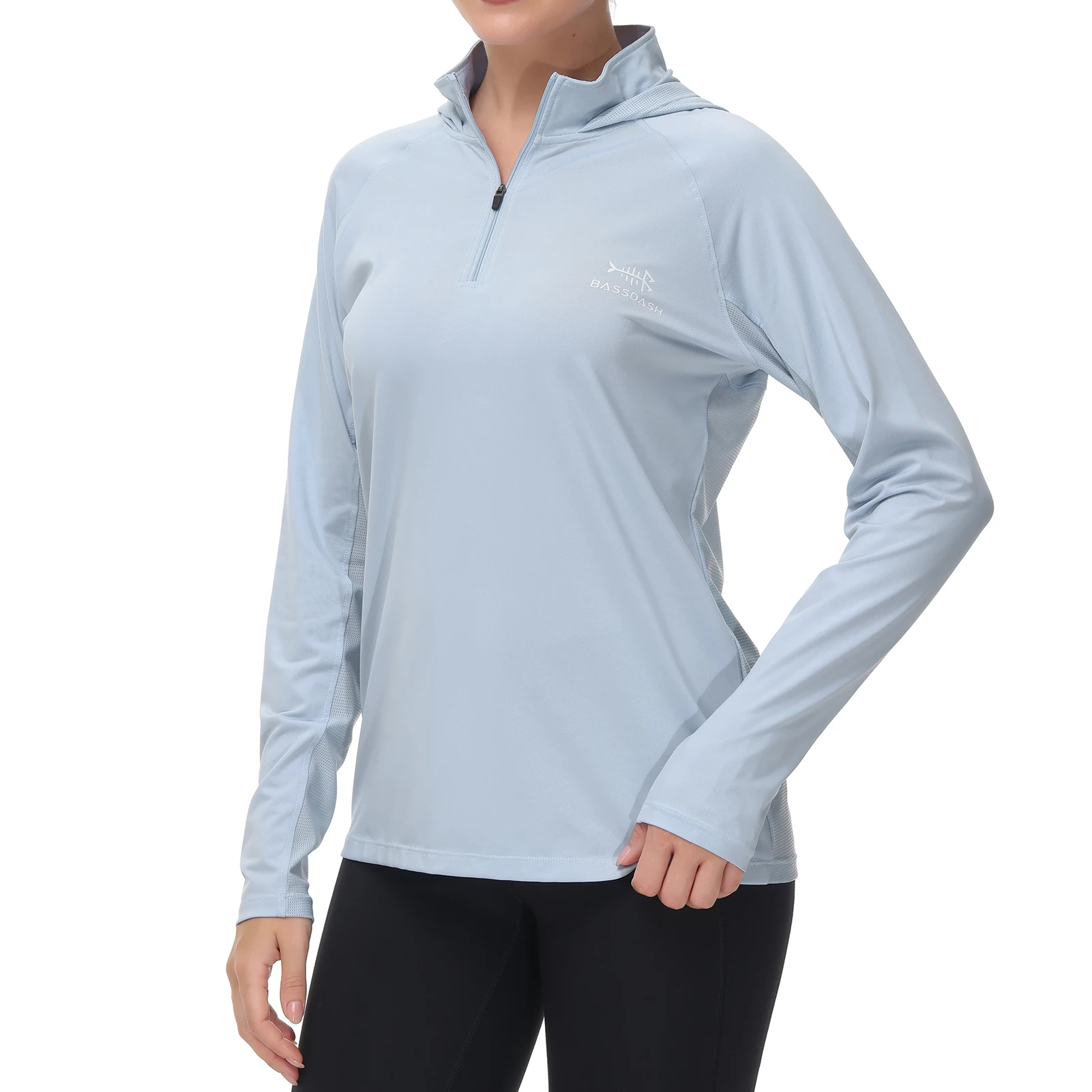 Bassdash-Sudadera con capucha UPF 50 + Performance para mujer, camiseta de manga larga con media cremallera, protección UV, camisa de pesca y senderismo